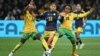 Colombia's forward #11 Catalina Usme fights for the ball with Jamaica's defender #14 Deneisha Blackwood and midfielder #18 Trudi Carter during the Women's World Cup football match between Jamaica and Colombia in Melbourne, Australia, Aug. 8, 2023. 