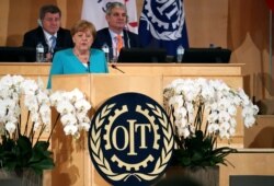 German Chancellor Merkel speaks during the ILO''s annual conference in Geneva, June 11, 2019.