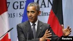 Prezident Barak Obama Germaniyaning Kruen shahrida Katta Yettilik sammiti yakunida matbuot anjumanida so'zlamoqda, 8-iyun, 2015-yil
